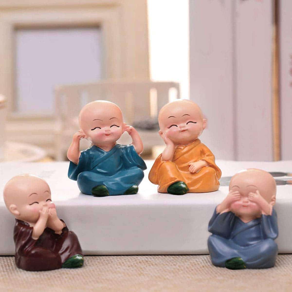 Bliss: Set of 4 Buddha Monk Statues with Elegant Design, Ideal for Home, Office & Spiritual Decor