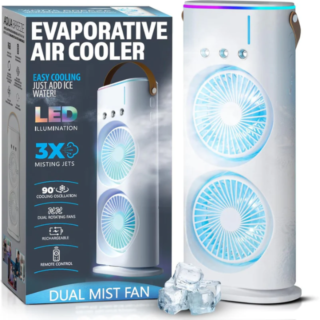 Breezo: Rechargeable Dual-Fan Air Cooler with Mist Spray – High Power Oscillating Mini AC with Remote, USB-C Charging, RGB Lights & Cold Air Blower for Home & Travel