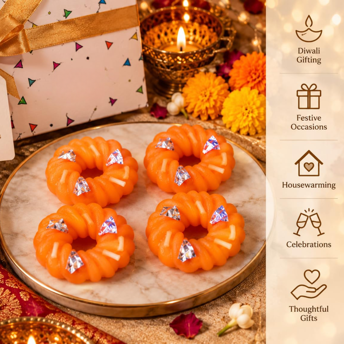 Imarti: 3-Wick Traditional Imarti-Shaped Decorative Candles with Handmade Indian Mithai Design, Orange Festive Candles for Diwali Décor, Pooja & Gifting (Pack of 4)