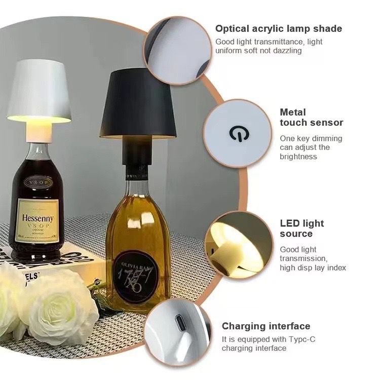 Boozify: Wine Bottle Topper LED Lamp USB-C Rechargeable with 3 Colour Adjustable Brightness & Touch Control