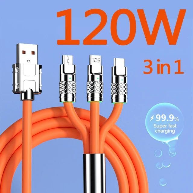 Flex: 120W 3-in-1 Liquid Silicone Tangle-Free Fast Charging Cable with Type-C, Micro-USB & Lightning Connectors