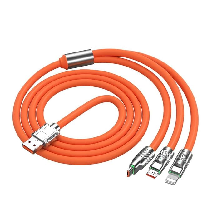 Flex: 120W 3-in-1 Liquid Silicone Tangle-Free Fast Charging Cable with Type-C, Micro-USB & Lightning Connectors
