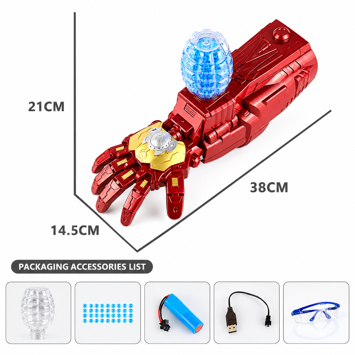 IronArc: Superhero-Inspired Electric Gel Ball Blaster Glove with 2000-Ball Magazine, 1200mAh USB Rechargeable Battery & Up to 15m Shooting Range