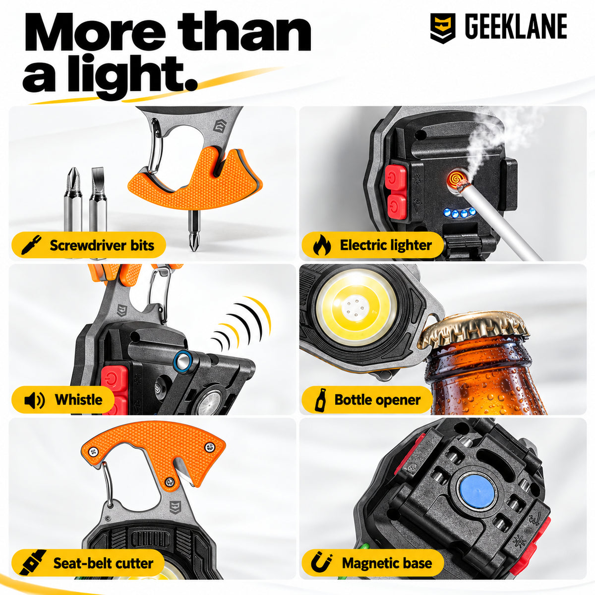 Glowbit demonstrations of its screwdriver, electric lighter, whistle, bottle opener, cutting hook and magnet.