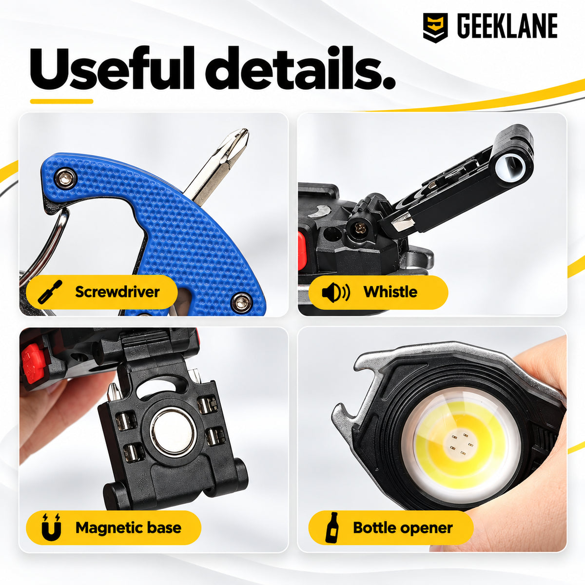 Glowbit close-up views showing screwdriver, whistle, rear magnet and bottle opener.