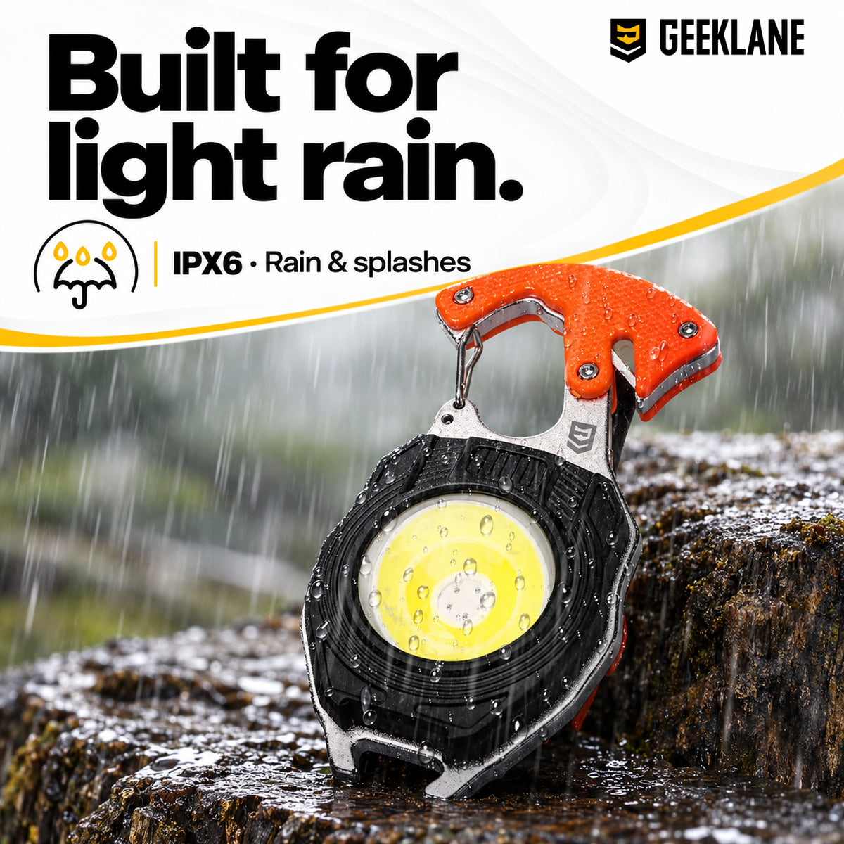 Glowbit keychain light on a wet tree stump, with rain and splash-use information.