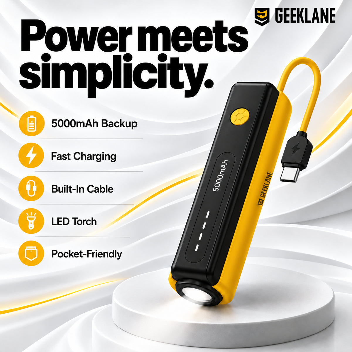 Pico with capacity, torch and charging feature groups and four battery indicator dashes.