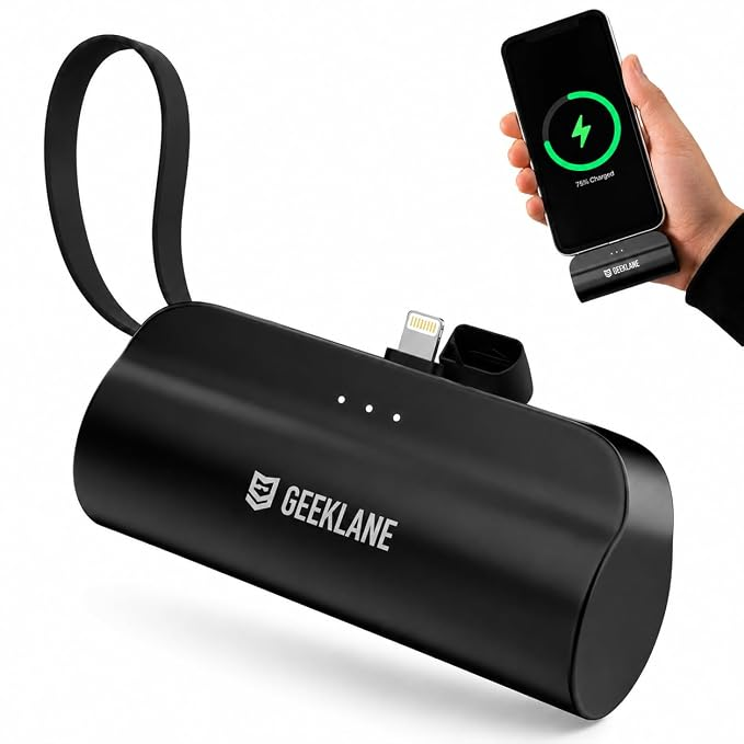 Black Geeklane PocketBank power bank with Lightning connector and lanyard, with a phone-charging inset.