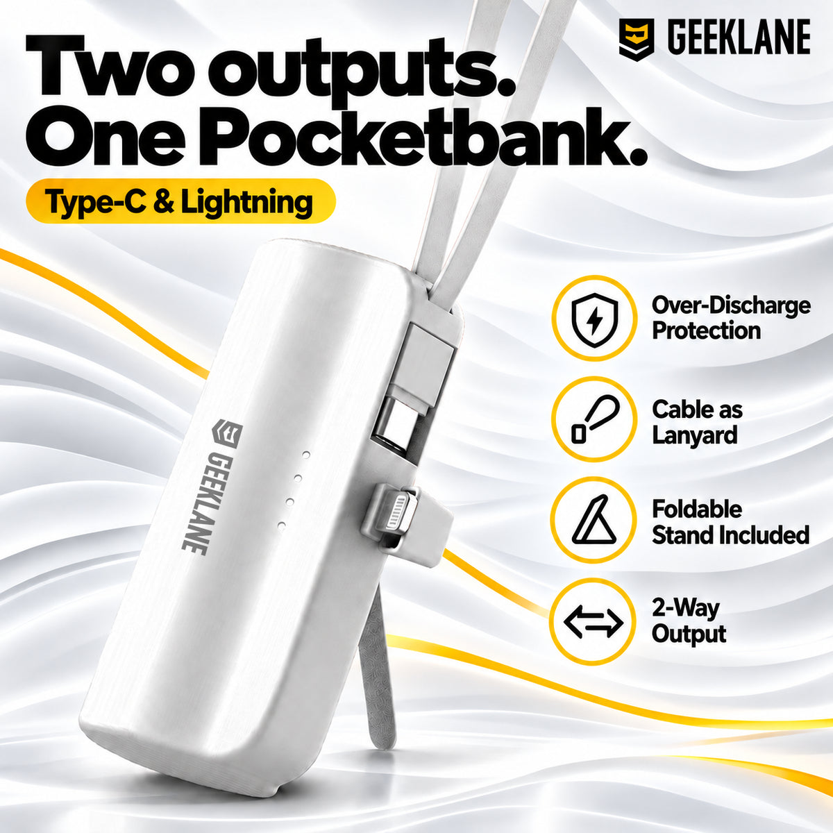 PocketBank showing Type-C and Lightning connectors, fold-out stand and cable-as-lanyard information.