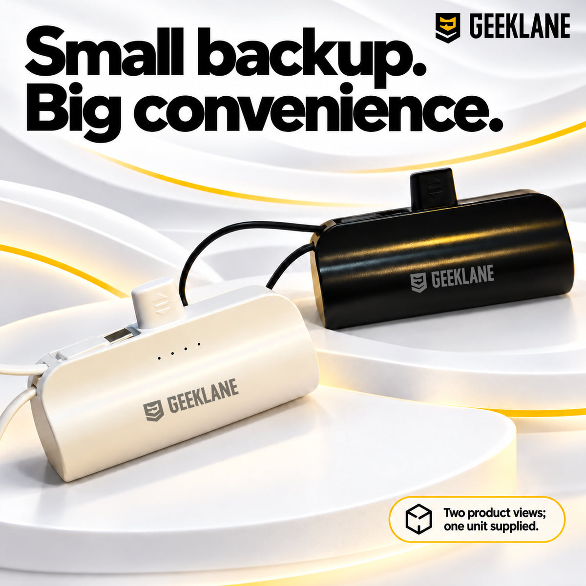 White and black PocketBank product views with built-in connectors and cables; one unit supplied.