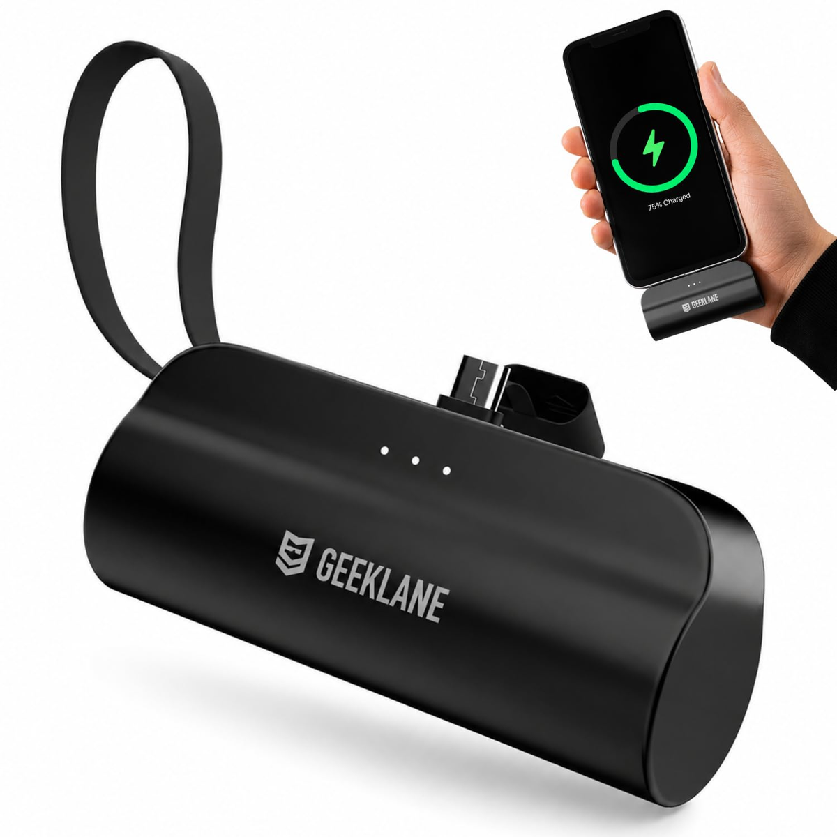 Black PocketBank USB-C power bank with loop and three indicators, with a hand-held phone charging inset.