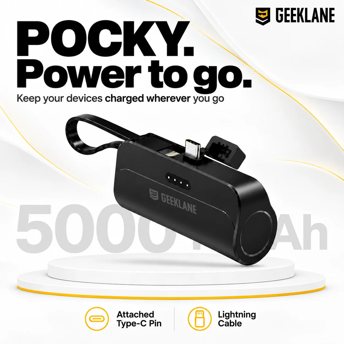 Pocky power bank showing capacity, attached Type-C pin and Lightning cable feature icons.