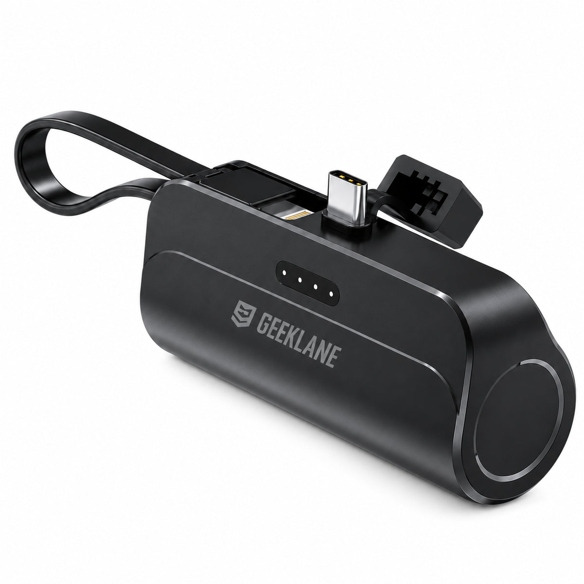 Black Geeklane Pocky compact power bank on white, with its loop, connector and battery indicators.