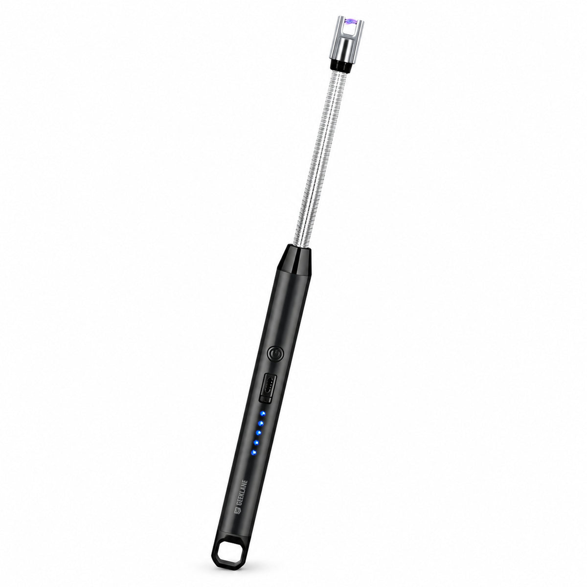 Sparq black electric lighter on white with flexible metal neck, controls, indicators and hanging loop.
