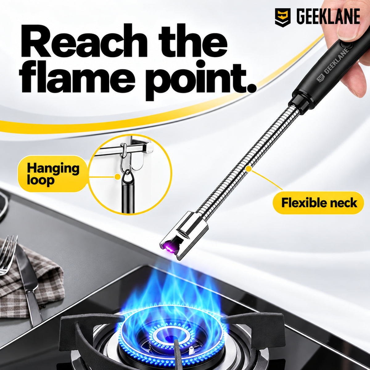 Sparq used above a gas burner, with flexible neck and hanging-loop details.