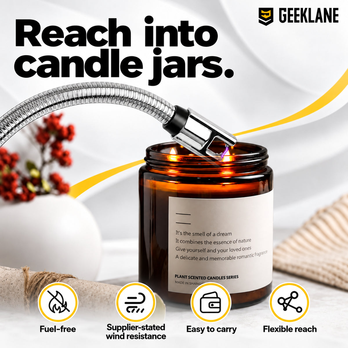 Sparq curved neck reaching into a candle jar, with four utility feature icons.