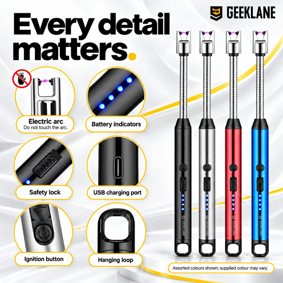 Four Sparq colour views with arc tip, battery indicators, safety lock, charging port, ignition button and hanging-loop details.
