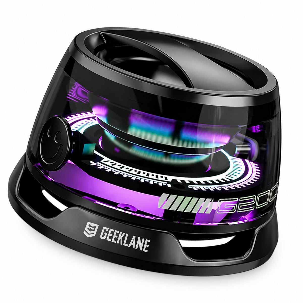 Black Geeklane Voxa transparent Bluetooth speaker on white, showing its circular control and purple RGB lighting.