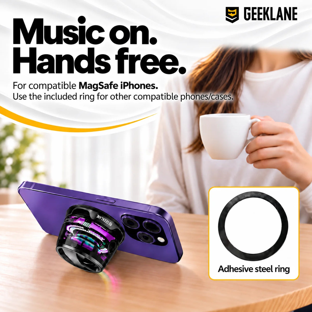 Voxa supporting a purple phone on a table, with an adhesive steel-ring inset and compatible mounting information.