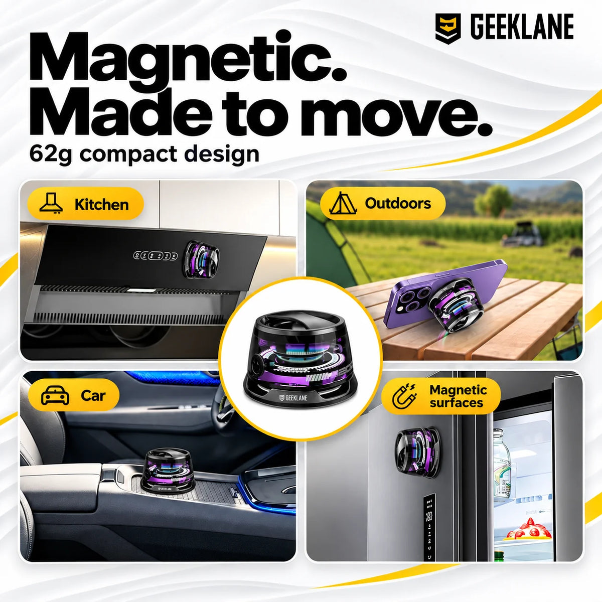 Voxa speaker shown on a kitchen hood, outdoor phone stand, car console and fridge, with a central product view.