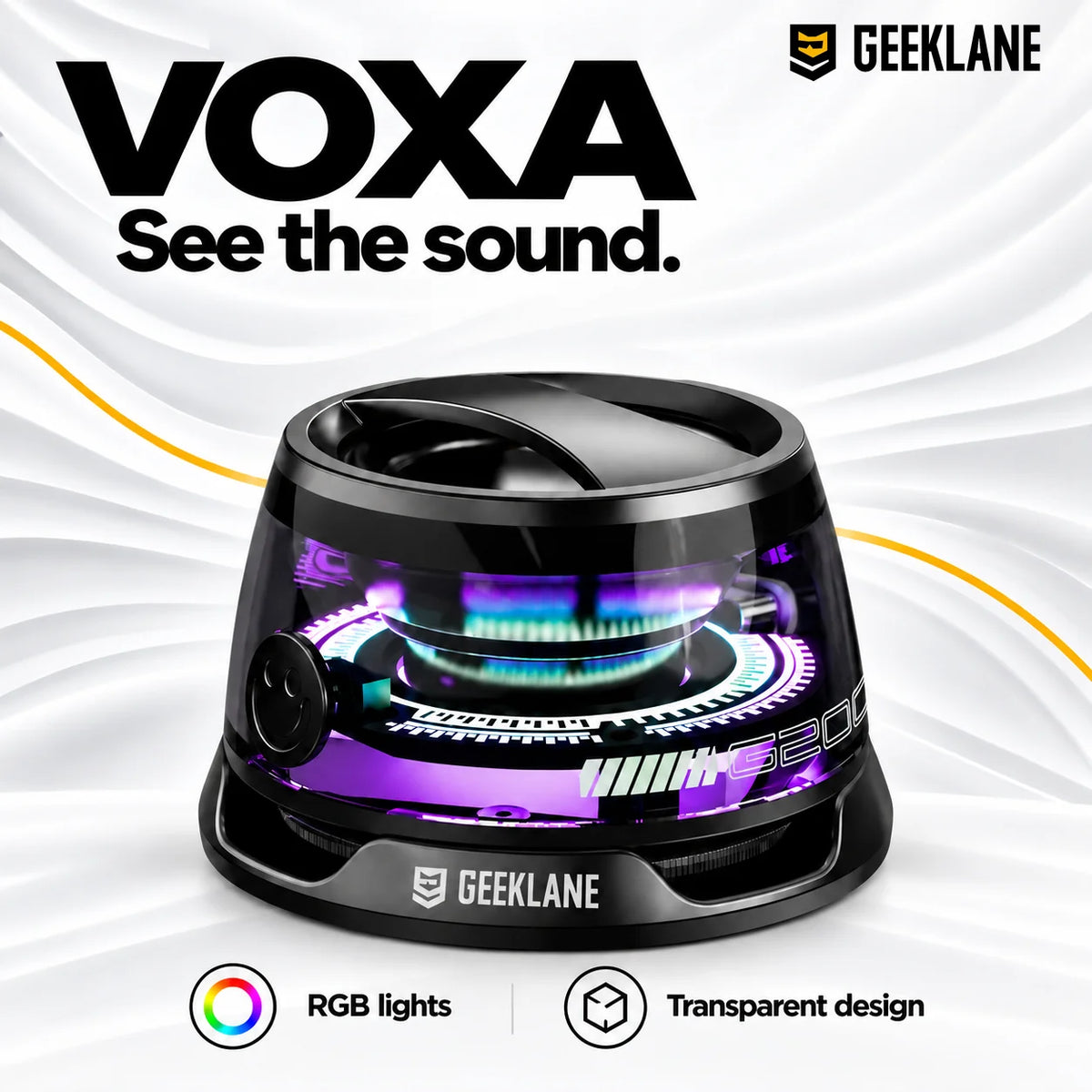 Voxa transparent speaker close-up showing its circular control, RGB-lit internals and black housing.
