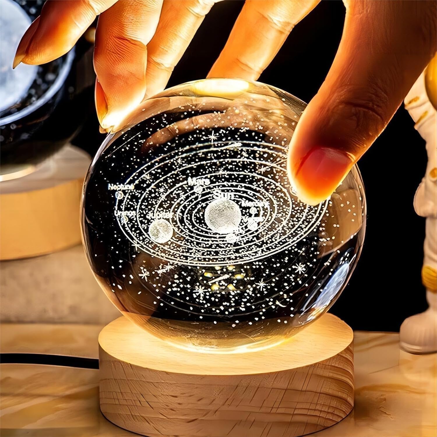 Orbito: 3D Crystal Ball Night Lamp with Engraved Solar System, USB-Powered LED Light with Wooden Base for Home Décor (60mm)
