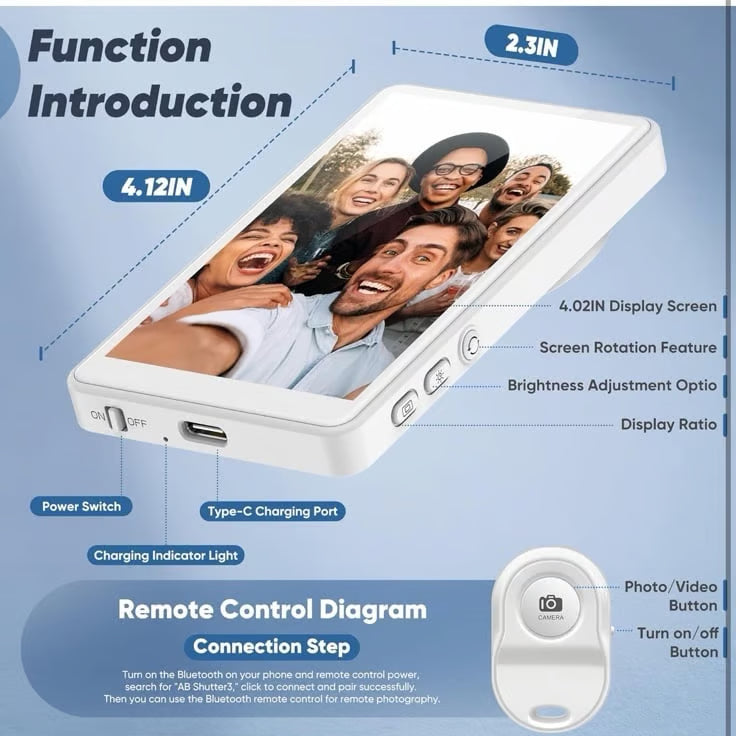 Camoo: Magnetic Wireless Selfie Monitor Screen & Recording Display, Rear Camera Preview Screen with 1080P Wireless Recording for iPhone & Android, Vlogging, TikTok & Live Streaming