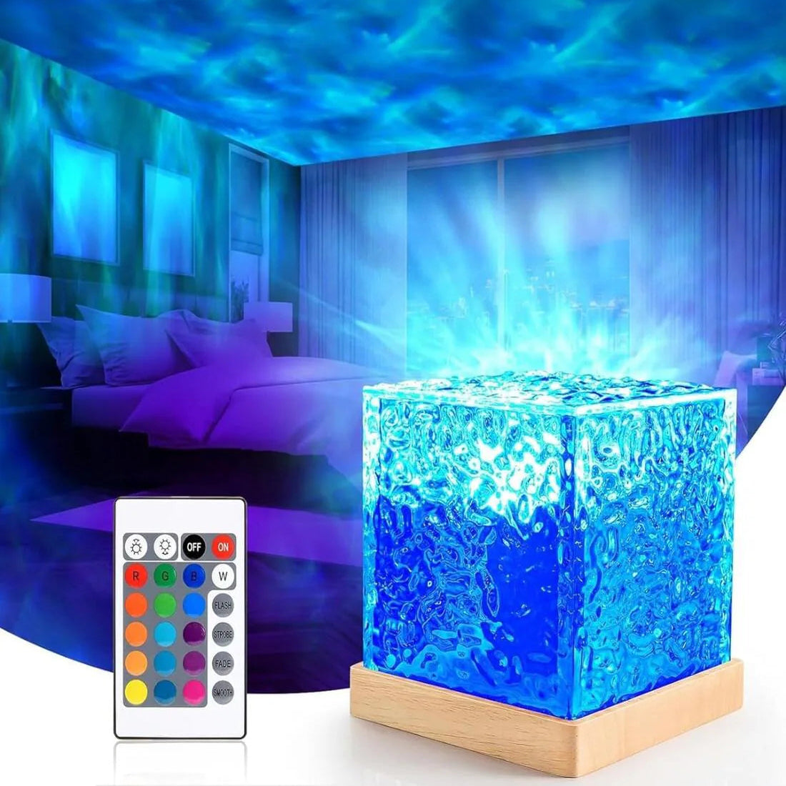 PrismCube: Soothing Ambient Ocean Wave Lamp with 3D Water Effect, 16-Color LED Projection & Remote Control for Relaxing Room Décor
