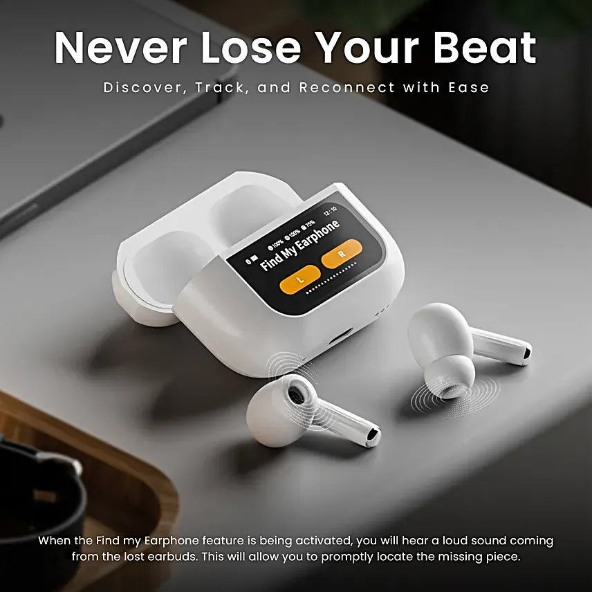 ScreenPods: TWS Bluetooth Earbuds with Touch Screen Case, 32dB ANC + ENC, Low Latency Gaming & Type-C Fast Charging