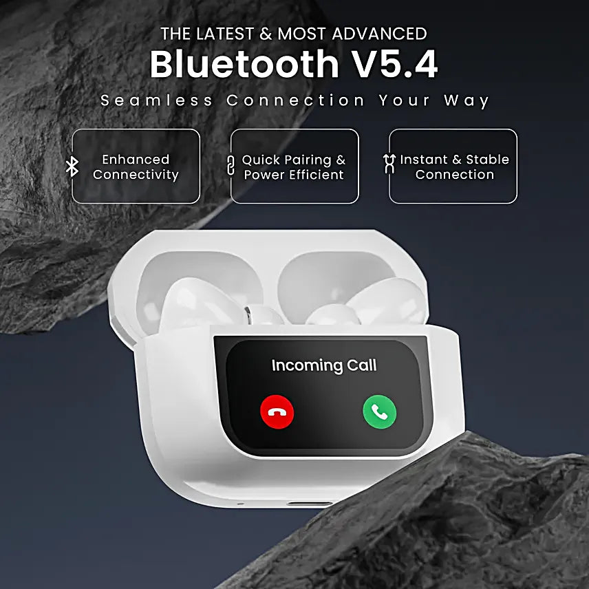 ScreenPods: TWS Bluetooth Earbuds with Touch Screen Case, 32dB ANC + ENC, Low Latency Gaming & Type-C Fast Charging