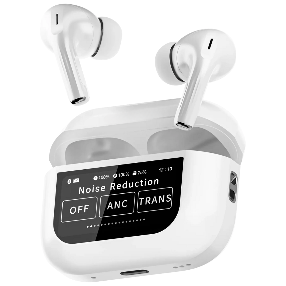 ScreenPods: TWS Bluetooth Earbuds with Touch Screen Case, 32dB ANC + ENC, Low Latency Gaming & Type-C Fast Charging