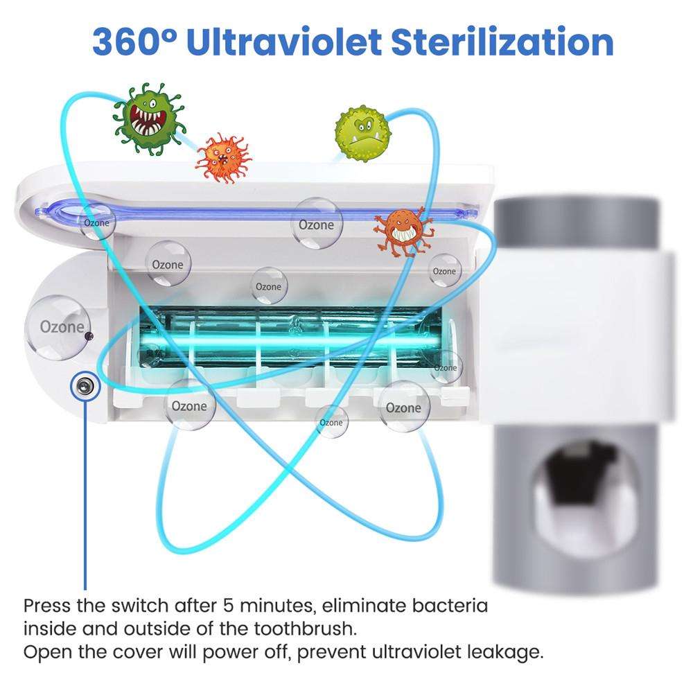 Steriq: Automatic Toothpaste Dispenser & UV Toothbrush Holder, Wall-Mounted 5-Slot Bathroom Organizer with Toothbrush Sterilizer & Hygienic Storage