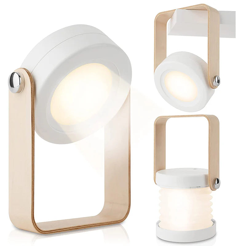 FlexiGlow: Modern 2-in-1 Rechargeable LED Lantern with Foldable Design, Dimmable Touch Control & Portable Wooden Handle