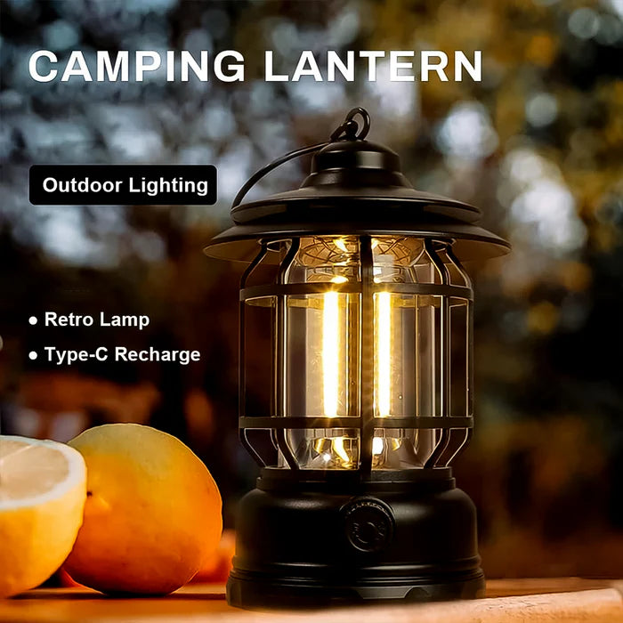 Lantern: Portable Retro Camping Lamp with Knob Adjustable LED, Type-C Charging & Waterproof Design for Outdoor & Emergency Use