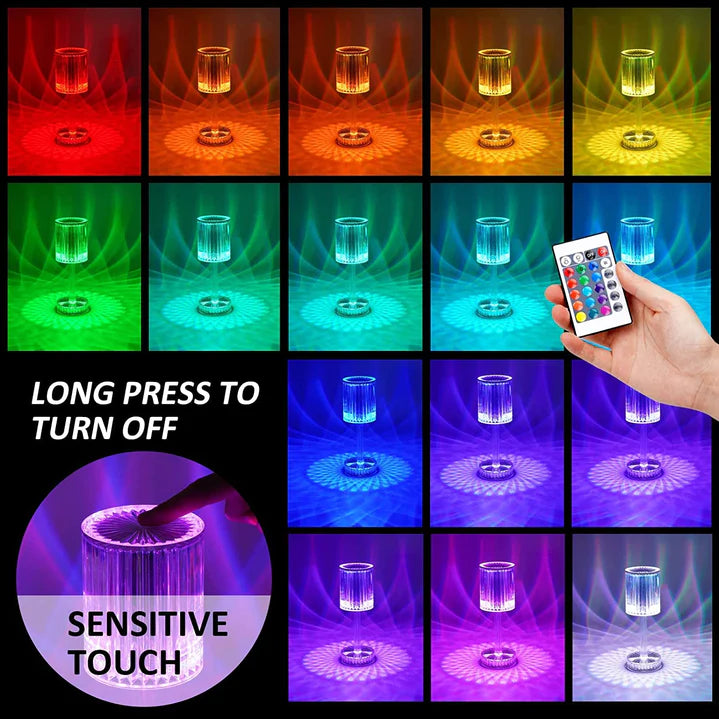 Brilla: Modern Crystal LED Table Lamp with 16-Color Changing RGB, Touch Control, USB Rechargeable & Diamond Cut Design