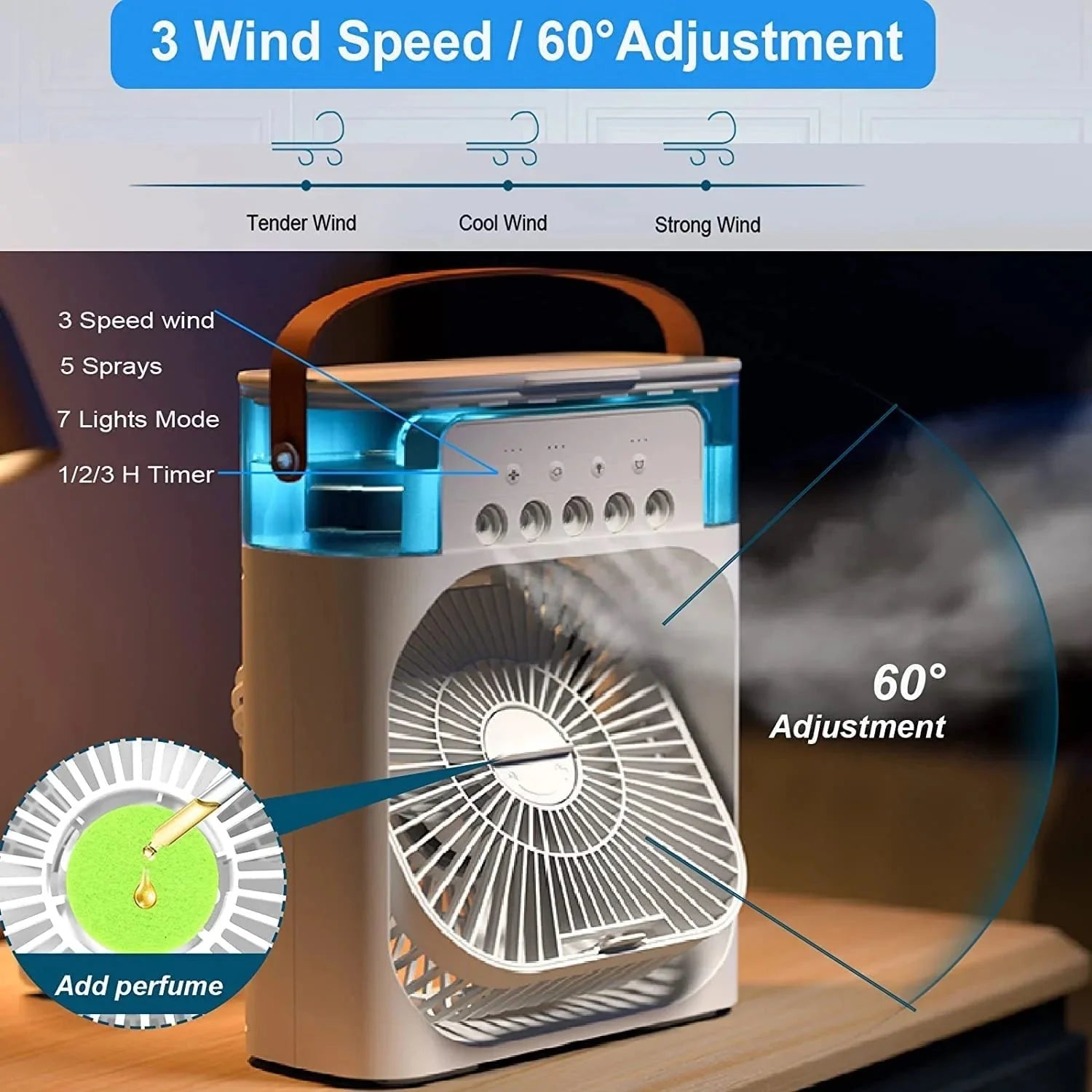 ChotaAC: Portable Air Conditioner Fan – USB-Powered Small AC Mini Evaporative Cooler with 3 Speeds, 5 Mist Makers & 7-Color LED Light