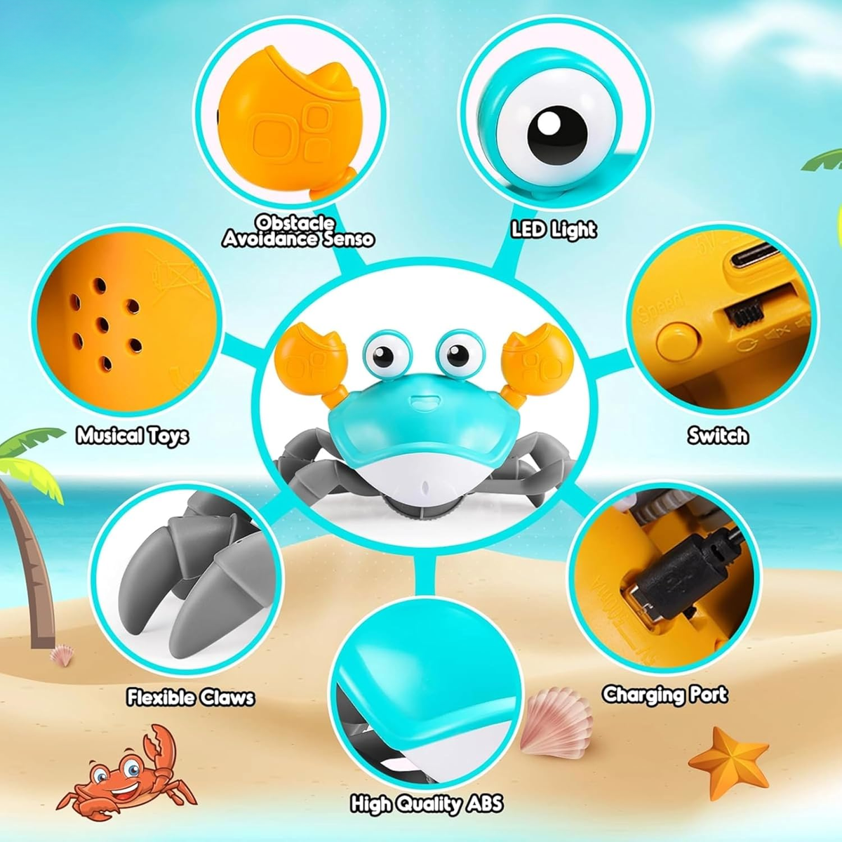 Crabby: Interactive Electric Crawling Crab Toy with Smart Obstacle Avoidance Sensor, Music, LED Lights & USB Rechargeable Battery, Moving Dancing Toy for Kids & Toddlers