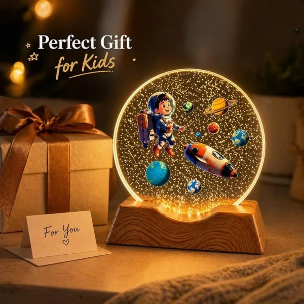 Eclipse: 3D Astronaut LED Night Lamp with Warm Light, Space Illusion Design & Wooden Base, Decorative Bedside Light for Bedroom, Study Table & Home Décor