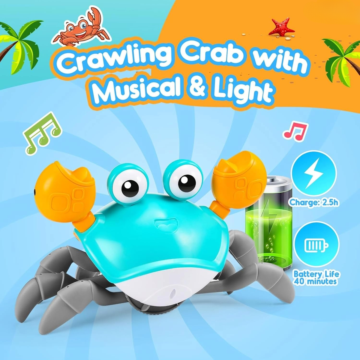 Crabby: Interactive Electric Crawling Crab Toy with Smart Obstacle Avoidance Sensor, Music, LED Lights & USB Rechargeable Battery, Moving Dancing Toy for Kids & Toddlers