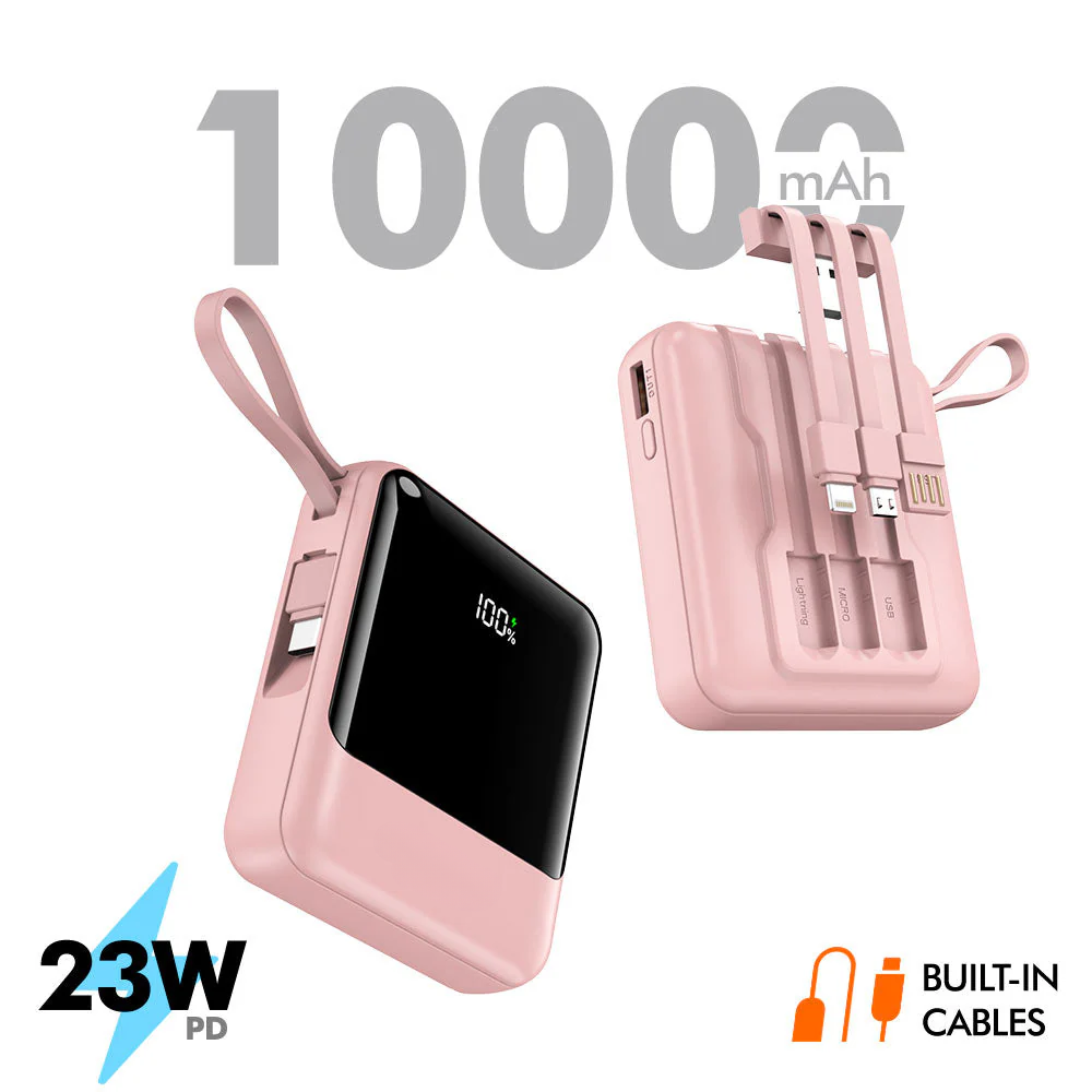 Powbee: 10,000mAh Compact Power Bank with 23W PD Fast Charging, Built-In Charging Cables & Digital Display, Dual Output Portable Battery Pack with Type-C Input/Output