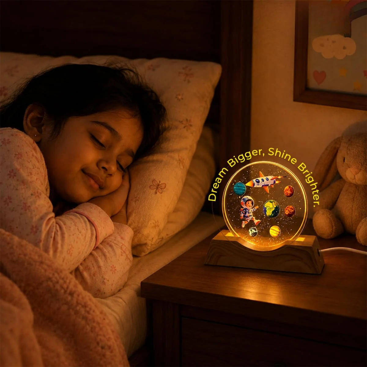 Eclipse: 3D Astronaut LED Night Lamp with Warm Light, Space Illusion Design & Wooden Base, Decorative Bedside Light for Bedroom, Study Table & Home Décor