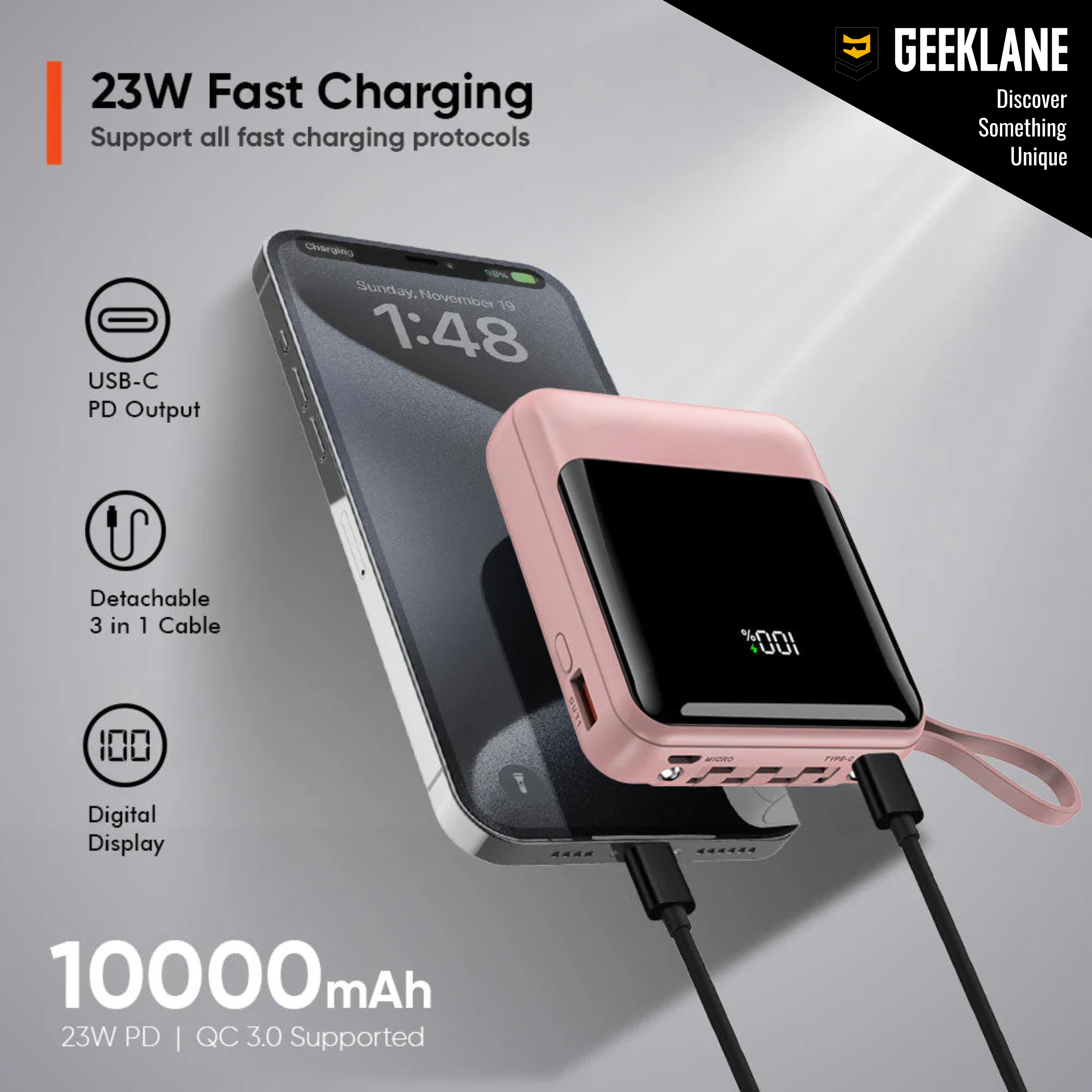 Powbee: 10,000mAh Compact Power Bank with 23W PD Fast Charging, Built-In Charging Cables & Digital Display, Dual Output Portable Battery Pack with Type-C Input/Output