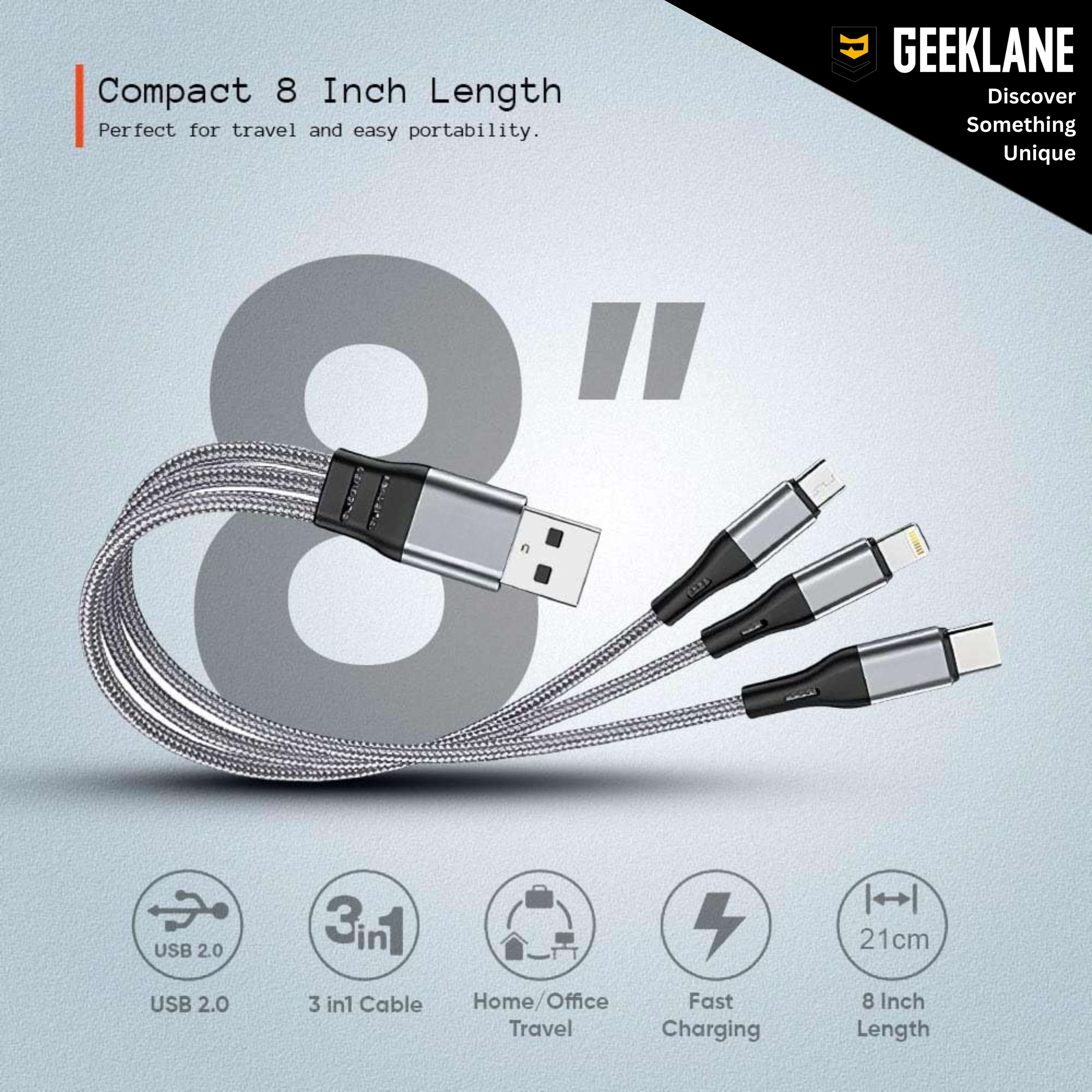 Triplex: 3-in-1 Universal Fast Charging Cable with Lightning, Type-C & Micro-USB – Durable Fabric Multi Charging Cable (21 cm)