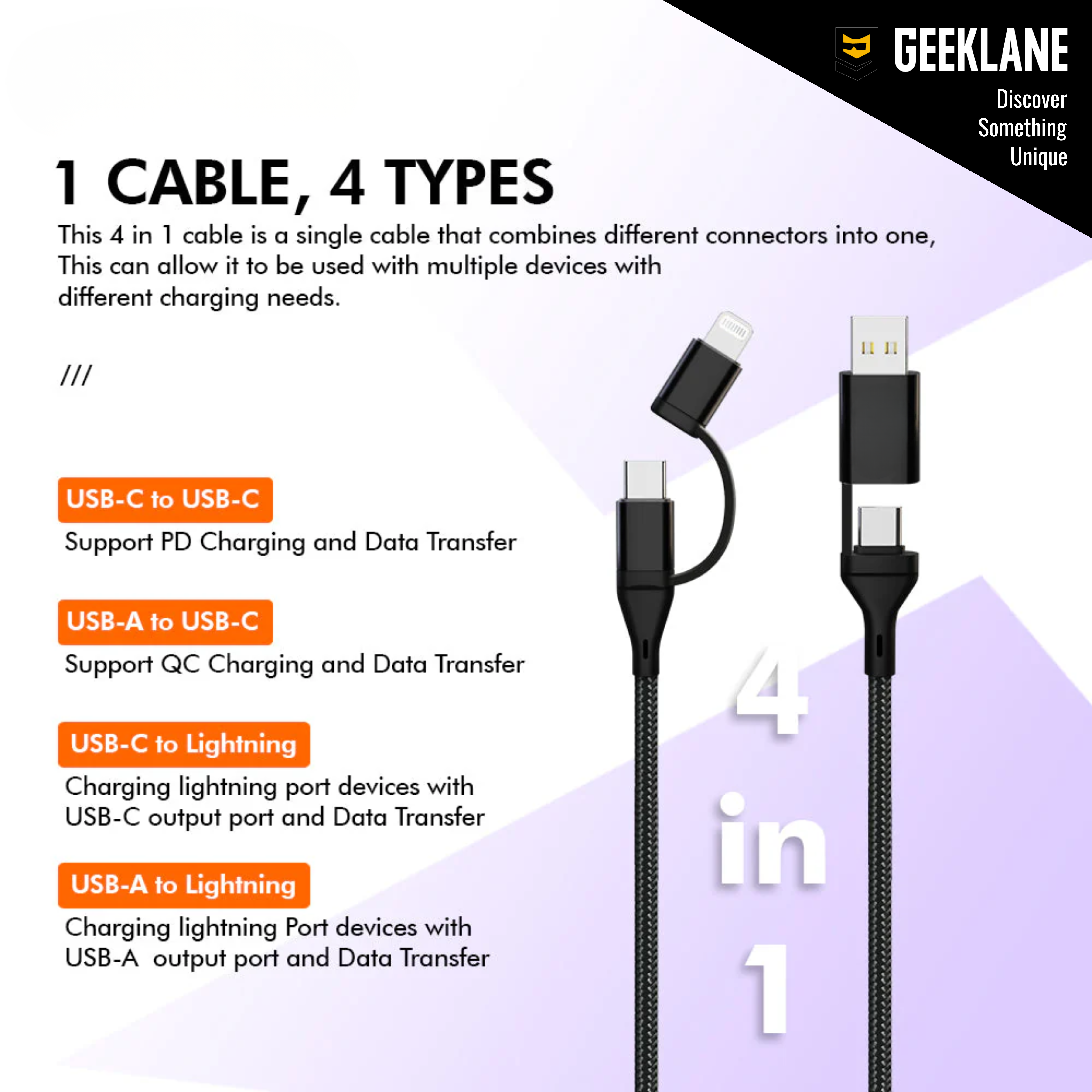 Oxo: 4-in-1 USB-C to Lightning Fast Charging & Data Cable, 60W PD Power Delivery, 480Mbps Data Sync Multi-Connector Cable Compatible with Type-C & Apple Devices