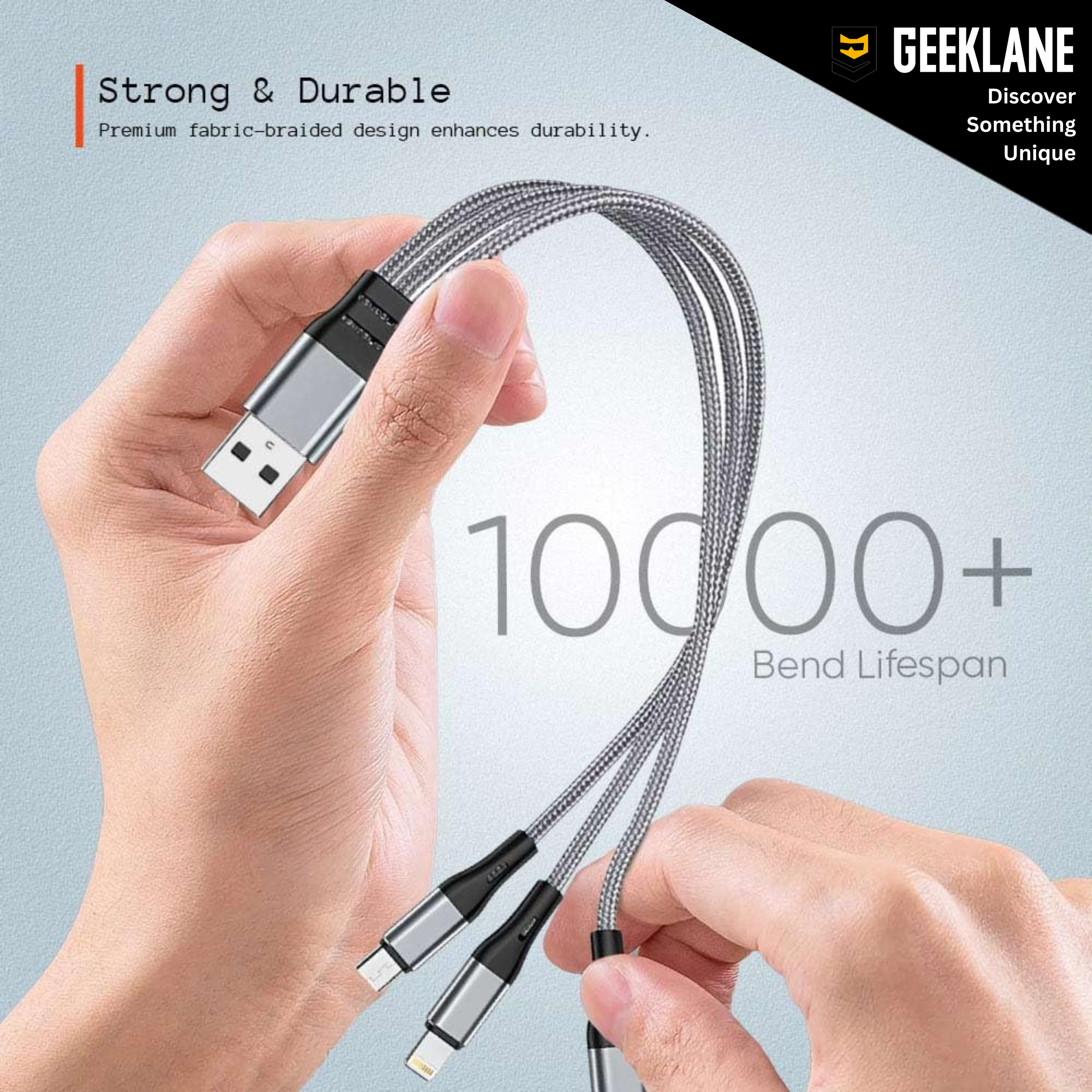 Triplex: 3-in-1 Universal Fast Charging Cable with Lightning, Type-C & Micro-USB – Durable Fabric Multi Charging Cable (21 cm)