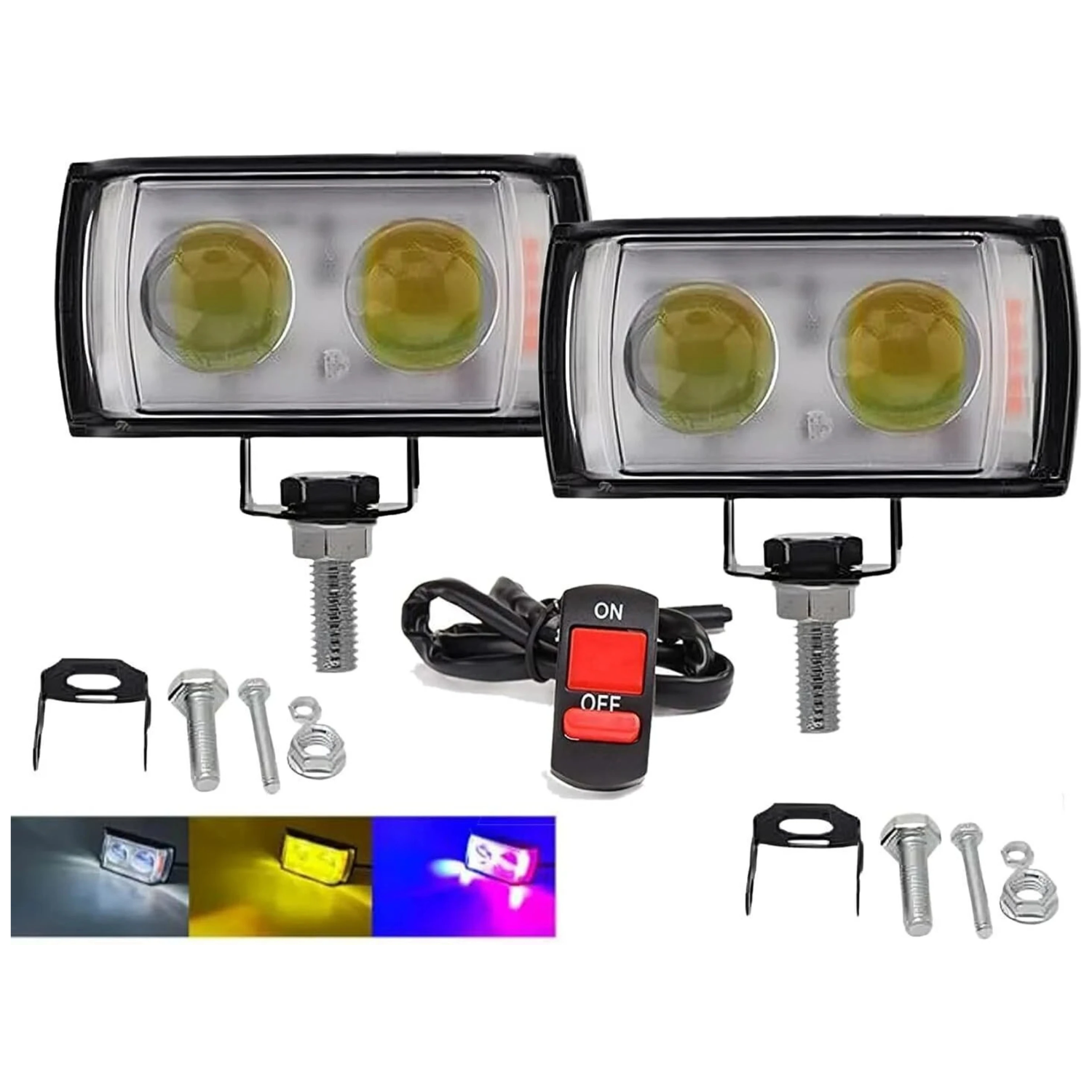 Mini Double Lens Fog Light with Yellow & White Fleshing Light (RED & Blue DRL) Fog Lamp Motorbike LED (12 V, 45 W) (Universal For Bike, Pack of 2)