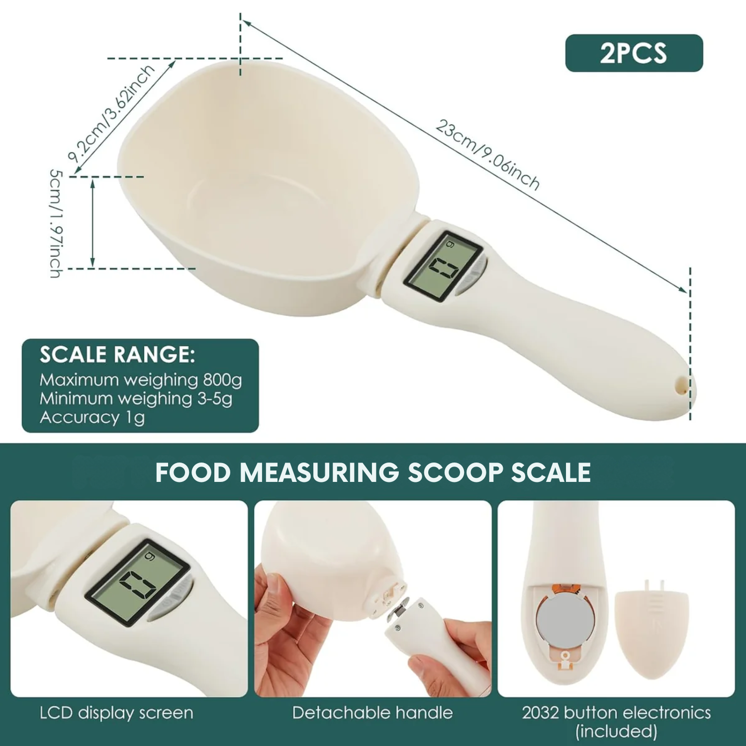 Scoopy: Digital Measuring Spoon Scale with LCD Display, 1g Precision, Removable Spoon & Electronic Weighing Function for Kitchen Ingredients, Meals & Pet Food