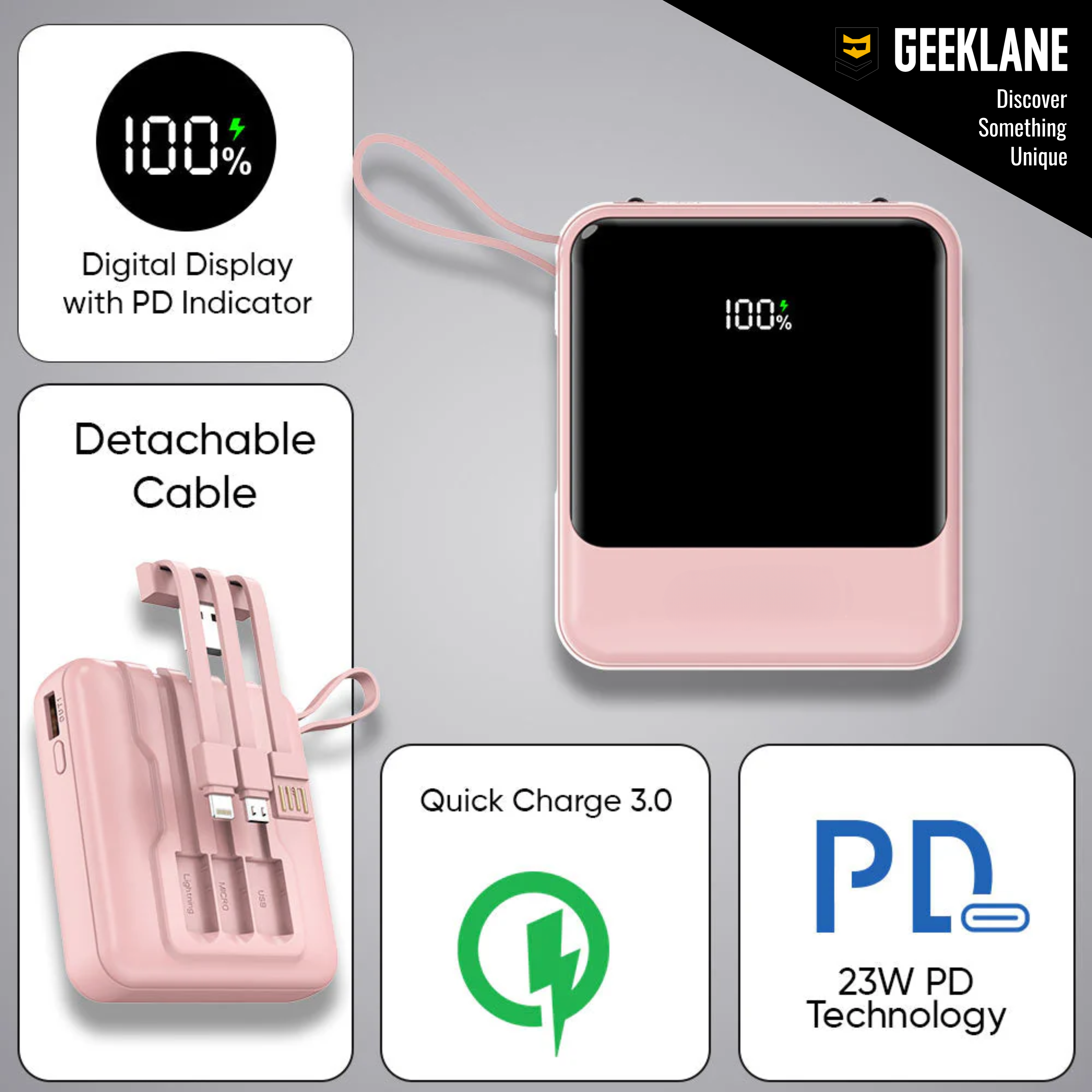 Powbee: 10,000mAh Compact Power Bank with 23W PD Fast Charging, Built-In Charging Cables & Digital Display, Dual Output Portable Battery Pack with Type-C Input/Output