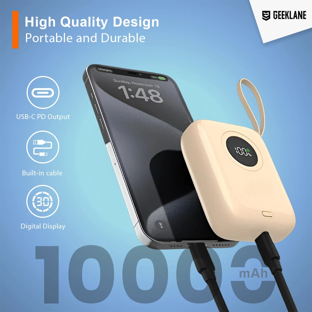 Pebble: 10,000mAh Palm-Sized Power Bank with Built-In Cables, 23W Fast Charging & PD for iPhone & Android