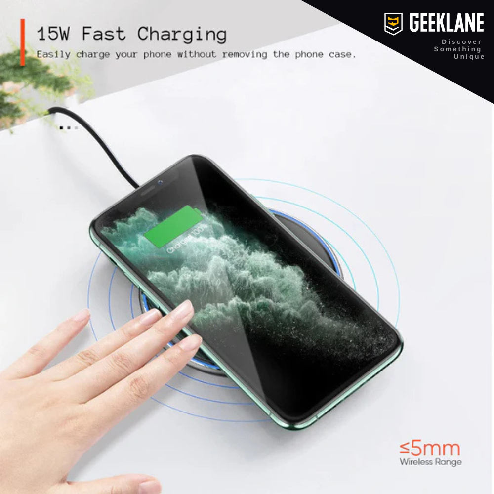 Voltique: 15W Transparent Wireless Charging Pad with LED Aura Ring – Fast Charging with Type-C Cable & Compatibility for iPhone 15–11 & All QI-Enabled Devices